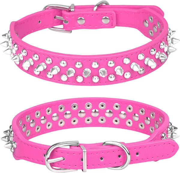 Adjustable Spiked Dog Collar, Mushrooms Rivet Studded PU Leather for Cats and Puppy Dogs (M, Hot Pink)