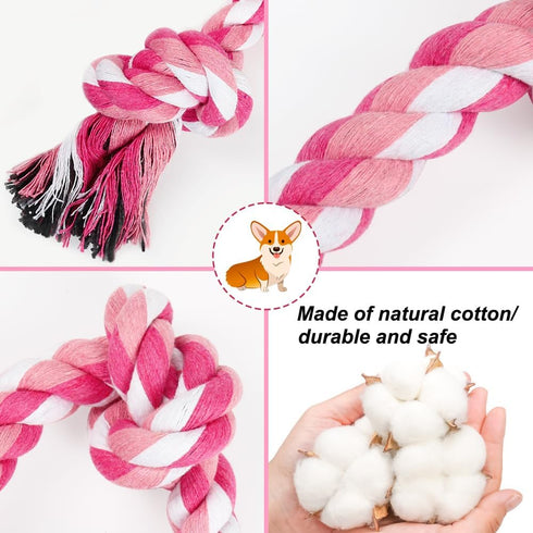 Dog Rope Toys - 3 Knots Chew Rope Toy for Medium and Small Dogs, Natural Cotton for Tug of War and Teeth Cleaning (Pink)