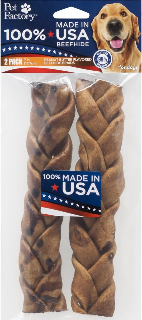 Pet Factory 100% Made in USA Beefhide Dog Chew Treats, 7" Braided Sticks, Peanut Butter Flavor, 2 Count