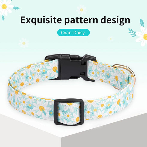 Adjustable Dog Collars with Buckle, Soft Fancy Flower Design for Cute Girl Boy Dogs, Small Medium Large (Cyan-Daisy)