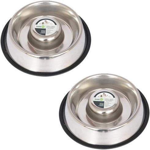 Iconic Pet Set of 2 Stainless Steel Anti-Skid Slow Feed Bowls - 12 oz for Small Dogs, Durable Design