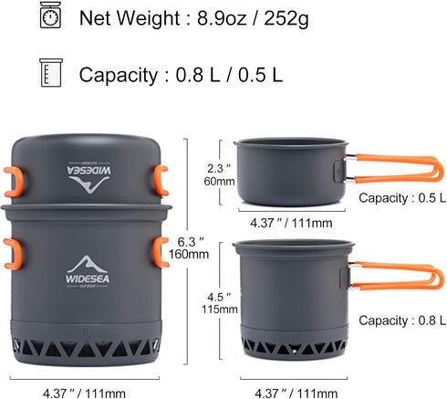 Widesea Camping Cookware Outdoor Pot Pan Cooking Equipment, Heat Exchange Design for Hiking, Backpacking, Travel