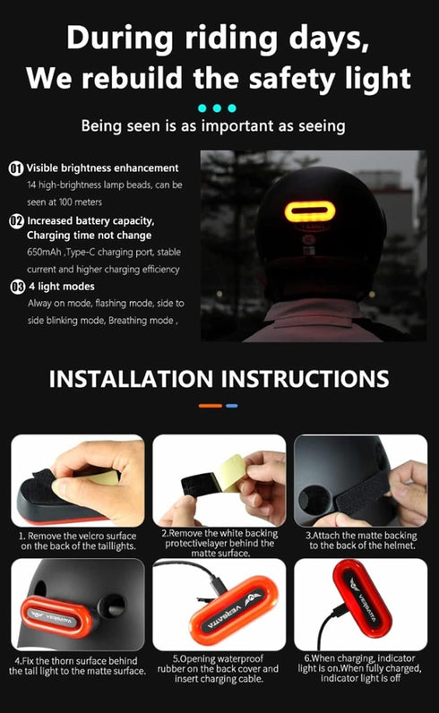 LED Helmet Light, Motorcycle Helmet Light, Bicycle Rear Red Safety Light for Night Riding, Rechargeable Type-C Cable
