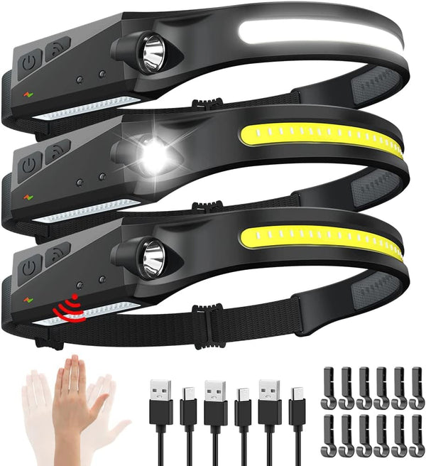 Rechargeable Headlamp 3PCS, 230° Wide Beam LED Headlamp with Motion Sensor, 5 Modes for Camping Gear