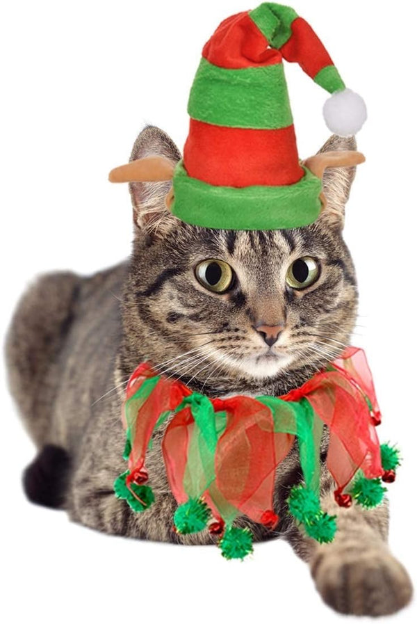 Vehomy Cat Christmas Costume, Elf Hat and Bell Collar Xmas Pet Costume Accessories for Cat and Puppy, 2Pcs