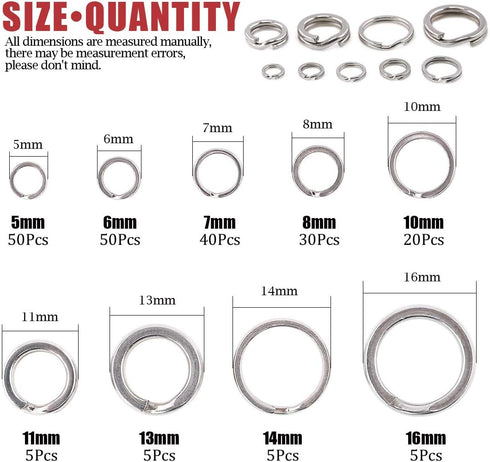 Hilitchi 210Pcs Fishing Tackle Split Rings, High Strength Stainless Steel, 9 Sizes for Heavy Fishing Lures Connector