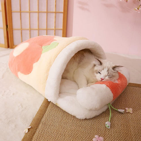Cute Sakura Cat Sleeping Bag with Pillow, Cozy Cave Bed for Cats and Puppies Below 13lbs, Red