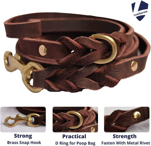 Braided Leather Dog Leash 10 Foot - Full Grain Heavy Duty for Large Medium Small Dogs, 10 Ft Soft Leather Lead