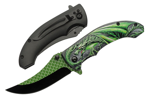 SZCO Supplies 300551-GN Green Dragon Assisted Open Liner Lock Folding Knife, 8" Length