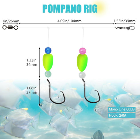 Pompano Rigs for Surf Fishing, Pre-Rigged Fishing Rigs with Floats Beads Double Circle Hook Tackle 12/15PCS