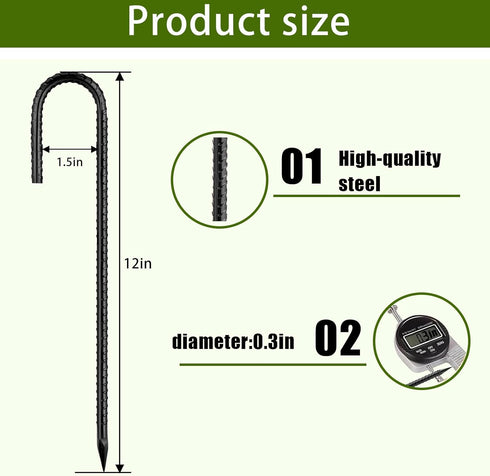 12 Inch, 30pcs Rebar Stakes Ground Stakes Heavy Duty J-Hook Black Coated Anti-Rust Heavy Duty Ground Anchors for Garden