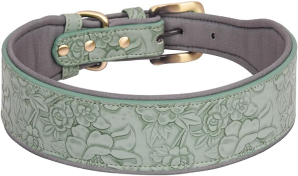 Leather Dog Collar for Large, Medium & Small Dogs, Adjustable Soft Padded Collar with Embossed Print (XL, Green)