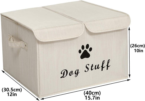 Geyecete Large Linen Fabric Storage Boxes, Foldable Bin Box Containers with Lid and Handles for Dog Apparel & Toys -