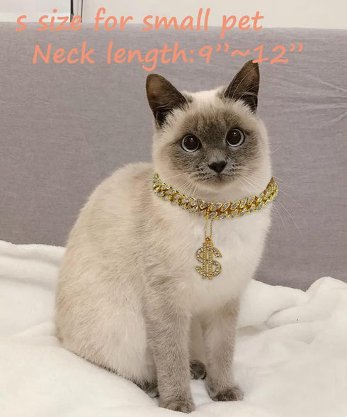 Gold Dog Collar Zircon 14mm Cuban Link Chain, Handmade Iced Out Diamonds Pet Jewelry