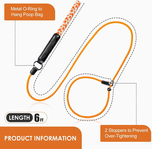 Slip Lead Dog Leash, 6FT Durable Nylon Braided Rope with Metal Stopper & Comfortable Leather Handle, Orange