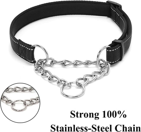Martingale Dog Collars, Reflective Nylon Soft Padded Training Collar with Stainless Steel Chain for Small Medium Large