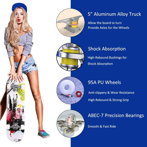 Skateboards for Beginners, 31 Inch Pro Complete Skate Boards for Kids, Teens, Adults, 7 Layer Maple
