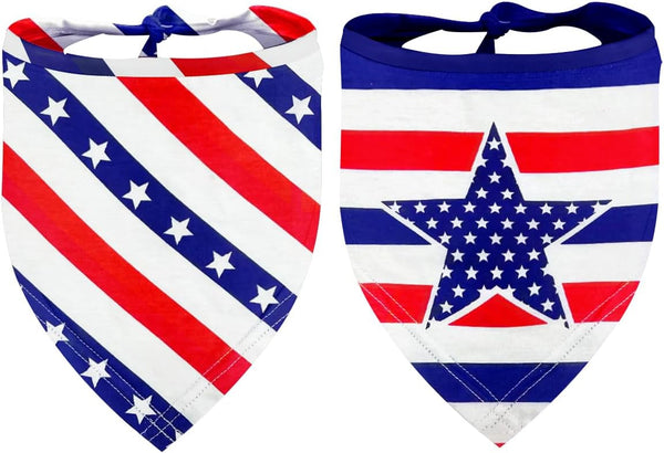 4th of July Dog Bandanas 2 Pack, American Flag Pet Scarf, Durable Fabric Patriotic Scarf for Small Medium Large Dogs