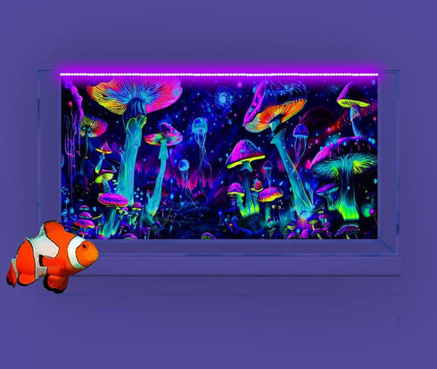 24X12IN Blacklight Aquarium Background - UV Reactive Mushroom Starry Sky with 10 EVA Double-Sided Tape