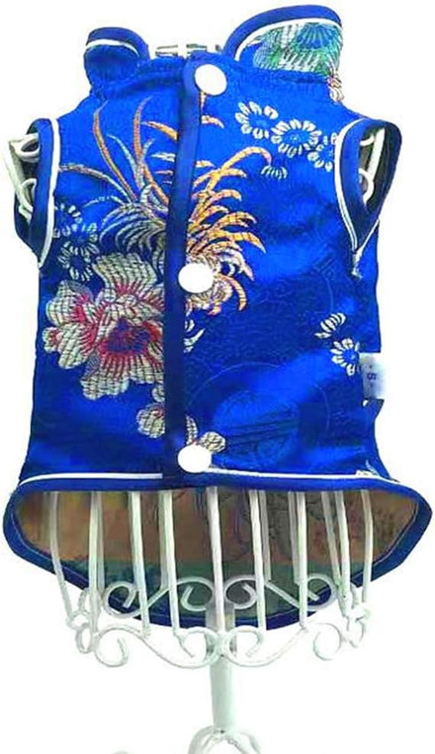 SEIS Pet Costume Tang Suit - Dog Cheongsam Satin Clothes, Chinese Style Clothing for Dogs, Pet Skirt (Blue, S)