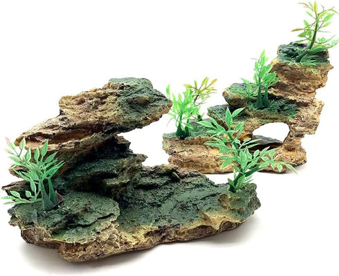 Aquarium Ornament Rock Cave, Artificial Mountain View Stone with Moss Tree for Fish Tank Decoration