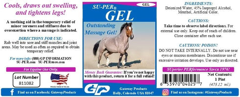 1 SU-PER Gel Horse Topical Gel - Cools, Draws Out Swelling, Tightens Legs - Massage Gel to Relieve Minor Soreness