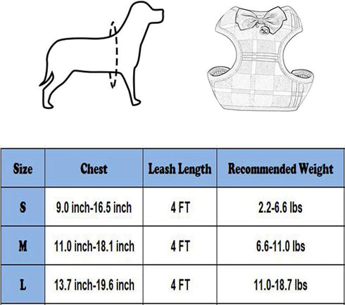 Dog Harness and Leash Set: Soft Mesh No Pull Vest with Bowtie for Small Dogs & Cats (Large, Grey Plaid)