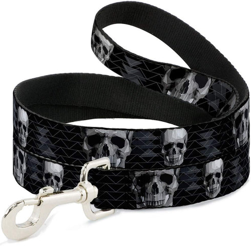 Buckle-Down Dog Leash, Geometric 3D Skull Face Chevron, 6 Feet Long, Black & Gray