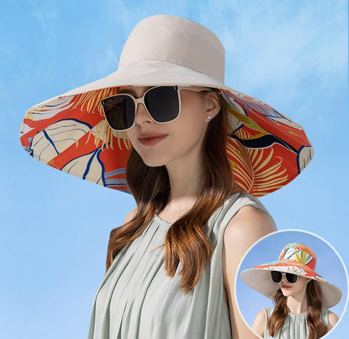 Super Wide Brim Packable Sun Hat for Women, Reversible Double-Sided UV Protection Beach Bucket Cap