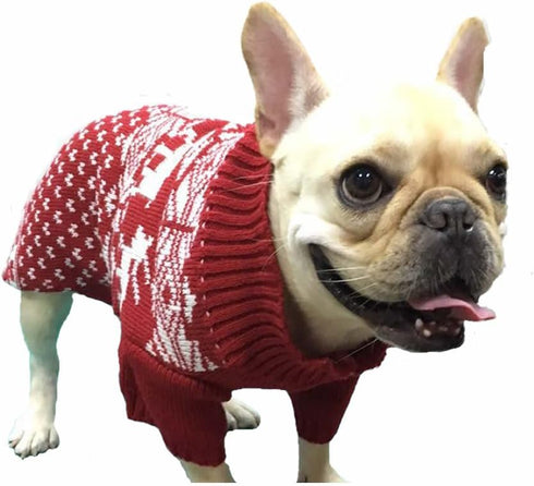 Red Christmas Dog Sweater, Reindeer Holiday Festive Outfit for Dogs, Medium M Size 13" Back Length