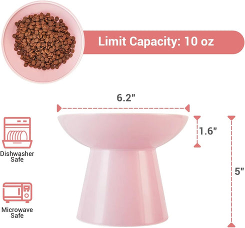 Extra Wide Elevated Cat Bowls, 6.2" Ceramic Cat Food Bowl, Shallow Dish for Whisker Fatigue, Pink