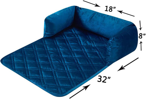 Premium Blue Silky Velvet Pet Sofa Bed - Slip Resistant, Waterproof, Washable Couch Protector with Removable Bolster