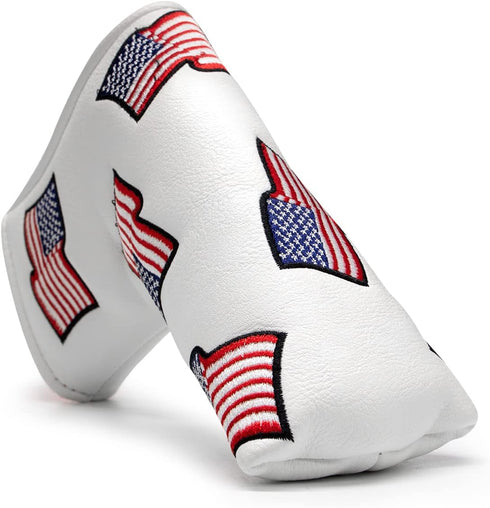 US Flag Golf Putter Cover - Premium Leather Blade Headcover with Magnetic Closure, White Golf Accessories for Men
