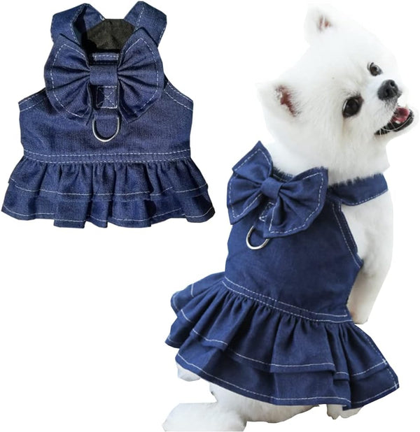 ANIAC Denim Dog Dresses for Small Dogs: Puppy Girl Clothes with Leash Ring and Bow Knot (Dark Blue, X-Small)