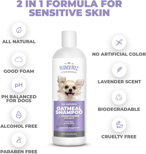 Mighty Petz 2-in-1 Oatmeal Dog Shampoo and Conditioner, 16 oz for Allergies & Sensitive Skin