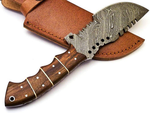 Rare Custom Blood Grooved Damascus Tracker Survival Knife with Full Tang Handle and Genuine Leather Sheath (TR-80)