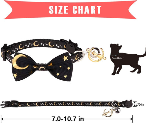 2 PCS Breakaway Cat Collar with Bow Tie and Bell, Golden Moon Glowing Star in The Dark for Kitten
