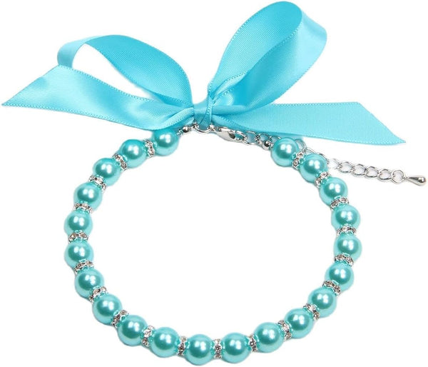 Dog Cat Pearls Necklace Collar with Bling Accessories and Ribbon Bow, Jewelry for Female Dogs Cats Small Medium (S,