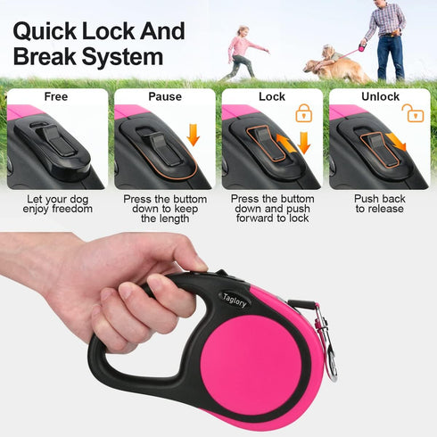 Taglory Retractable Dog Leash, 16ft for Small Medium Dogs up to 44 lbs, One-Handed Brake, Lock, Pink