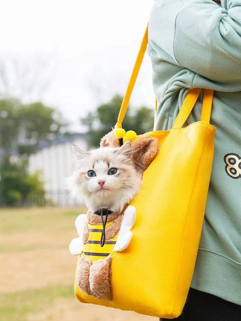 Cute Bee-Shaped Pet Canvas Shoulder Bag, Portable Cats Small Pet Tote Chest Bag, Pet Carrier for Small Dogs and Cats