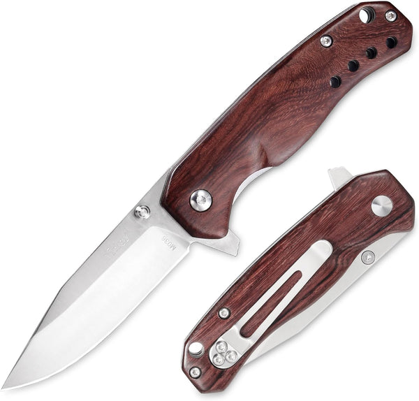 Wood Handle Pocket Knife, 2.9in 8Cr13MoV Stainless Steel Blade, EDC Knife for Hunting, Camping, Hiking, 6.5in