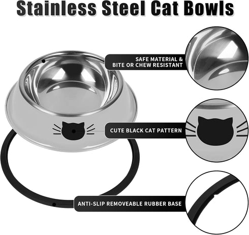 2 Pcs Non-Slip Stainless Steel Small Cat Food Bowls, Unbreakable 7 Oz with Removable Rubber Base