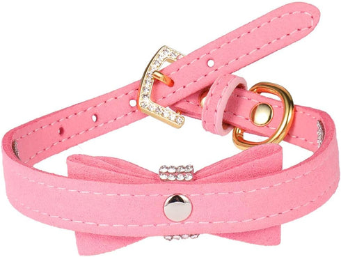 LOVPE Pink Velvet Leather Dog Collar/Cat Collar - Rhinestone Bow-Knot Tie for Small Dogs & Cats, Size S