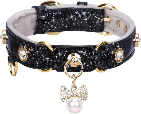 PetsHome Bling Rhinestones Cat Collar, PU Leather Adjustable Pet Collar with Luxury Pendant for Extra Small Dog and
