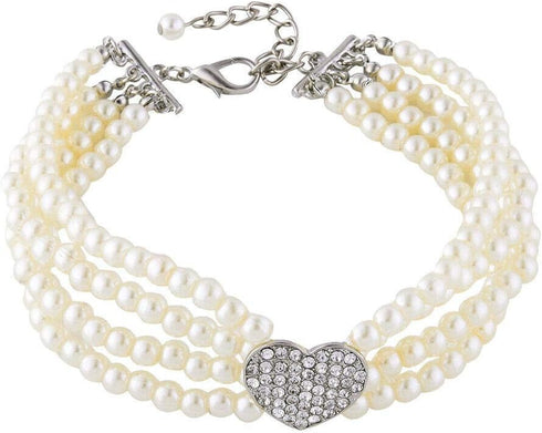 Dogs Kingdom 4 Rows Bling Rhinestone Heart Decor Collar Necklace, Dog Cat Pearls Necklace, White, M:10-12" Neck