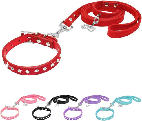 Dogs Kingdom Jeweled Rhinestones Pet Dog Collar & Leash Set - Total Length 10"-16.5", Red S