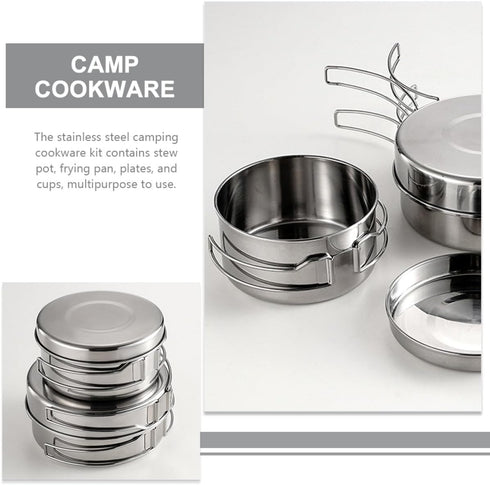 Set Set Backpacking Toyvian Outdoor Camping Cookware Stainless Steel Pot Pan Foldable Handle Portable Cooking Kit