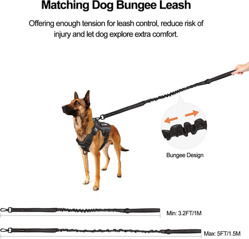 Petmolico Tactical Dog Harness, Black M, No Pull with Leash, Hook and Loop Panels for Medium Dogs, Military Service