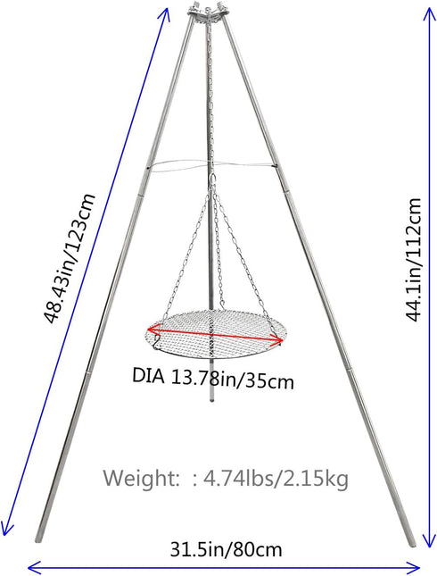 YBTMG Camp Fire Tripod for Cooking, Stainless Steel Camping Fire Grill with Adjustable Chain for BBQ
