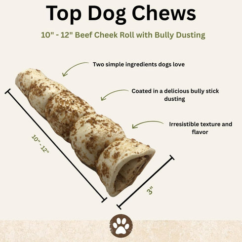 10 12 3 Pack, Top Dog Chews Buffalo Beef Cheek Rolls with Bully Dust Sprinkles, Long Lasting Dog Bones for Aggressive